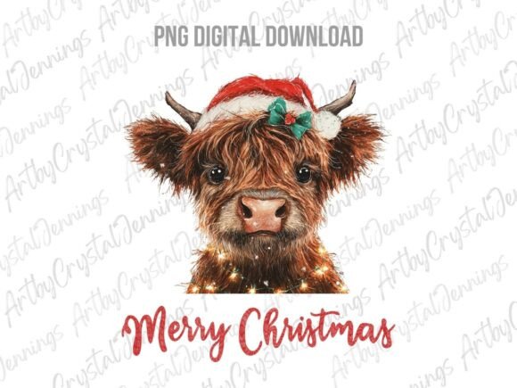 Baby Highland Cow Merry Christmas PNG & Illustrations