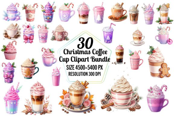 Christmas Coffee Cup Clipart Bundle Illustrations