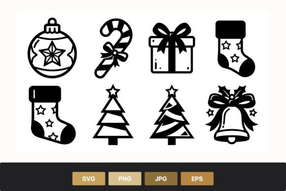 Christmas Icons Black White Set Illustrations