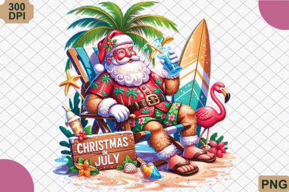 Christmas in July Beach Santa Summer PNG & Illustrations