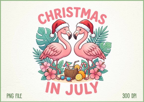 Christmas in July Flamingo Summer Xmas Illustrations