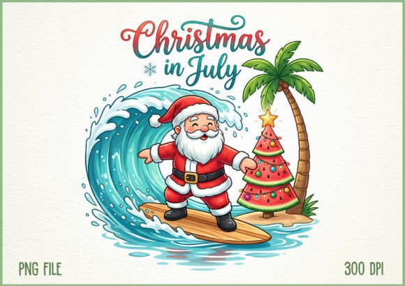 Christmas in July Surfing Santa Beach Illustrations