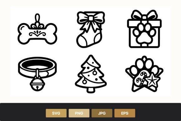 Christmas Pet Icons Black White Illustrations