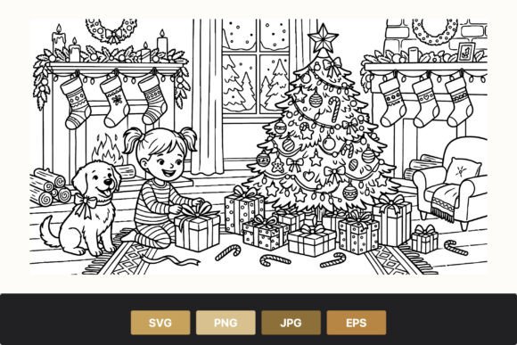Christmas Tree Gifts Girl Dog Line Art & Illustrations