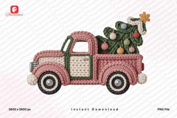 Christmas Tree Vintage Truck PNG Illustrations