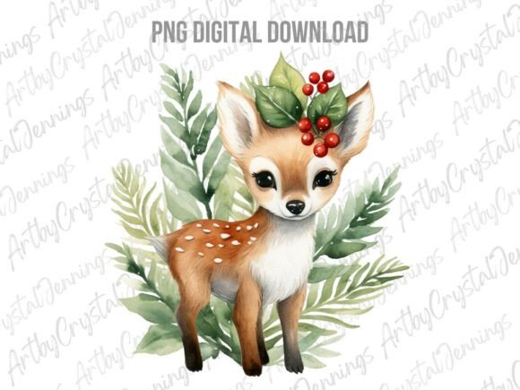 Cute Watercolor Christmas Reindeer PNG & Illustrations
