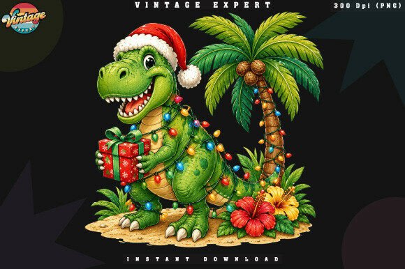 Tropical Christmas Dinosaur PNG & Illustrations
