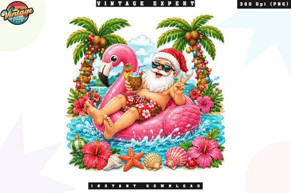 Tropical Christmas Santa Flamingo PNG & Illustrations
