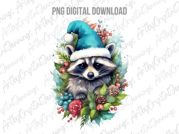 Watercolor Christmas Raccoon PNG Illustrations