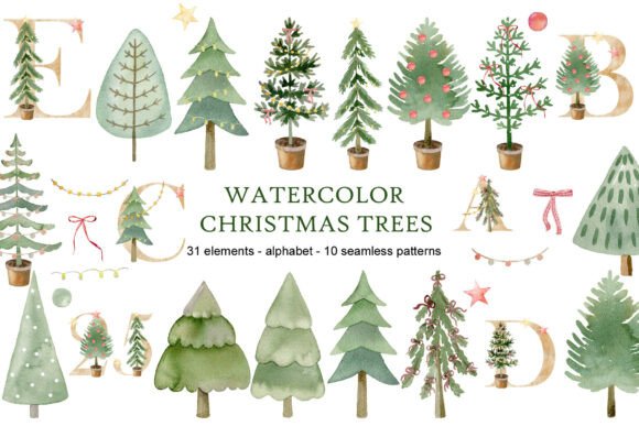 Watercolor Christmas Trees Clipart & Illustrations