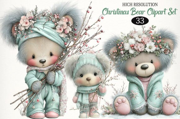 Whimsical Christmas Bear Clipart Set & Illustrations